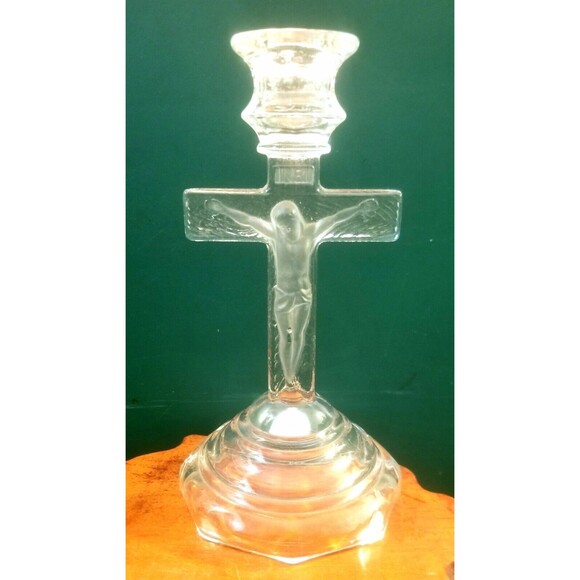 Vintage Pressed Glass Crucifix Cross Taper Candlesticks Holder Clear/Frosted - Picture 1 of 4